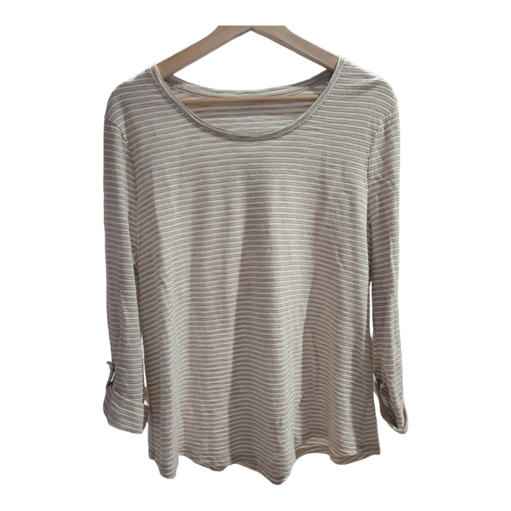 Chico's Ultimate Tee Cotton-Blend‎ Slub Striped Utility Sleeve Button Shirt L